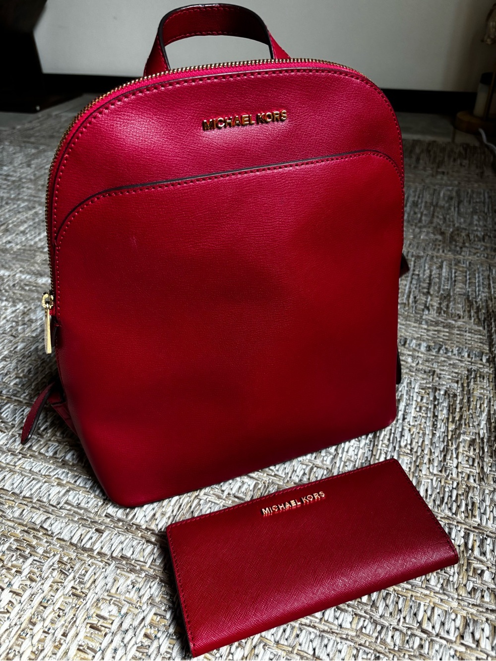 Michael Kors Red Leather Backpack with Matching Wallet